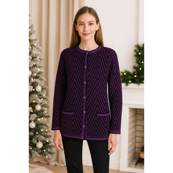 Vintage CARLISLE Purple & Black Chevron Stripe Wool Cardigan Sweater Medium - Picture 1 of 11